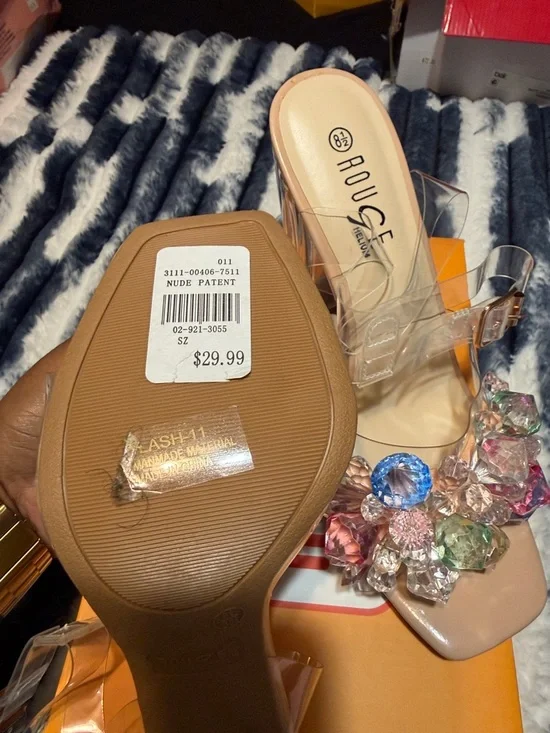 Rouge Helium Clear Block Heel Sandals with Multicolor Crystal Flowers - Picture 2 of 3